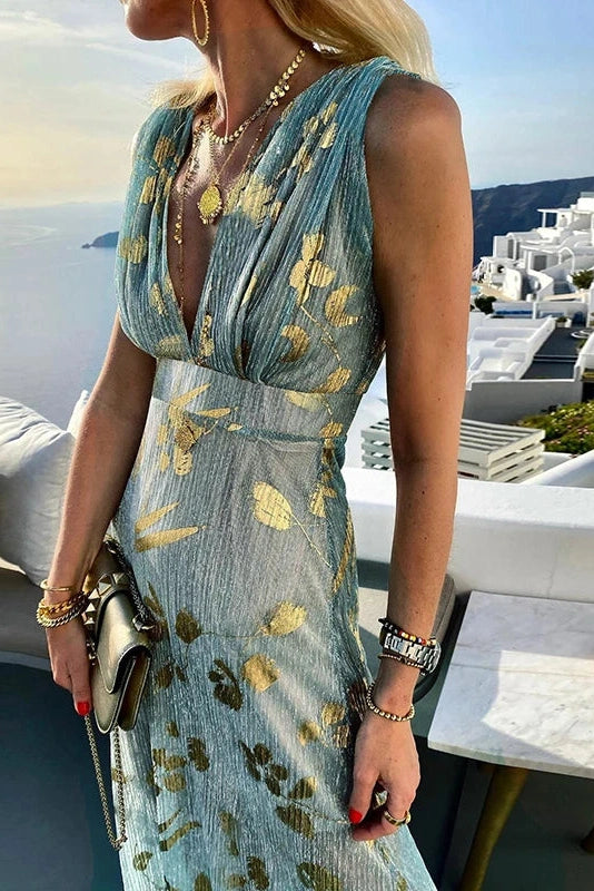 Glorol - Hollow High Waist Printed Sleeveless Deep V Neck Maxi Dress