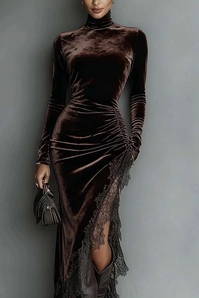 Glorol - Elegant Turtleneck Long Sleeve Velvet Lace Fit Midi Dress