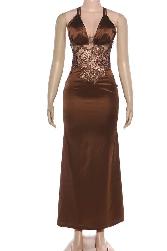 Glorol - Elegant Lace Deep V-Neck Slim Backless High-Waisted Maxi Dress