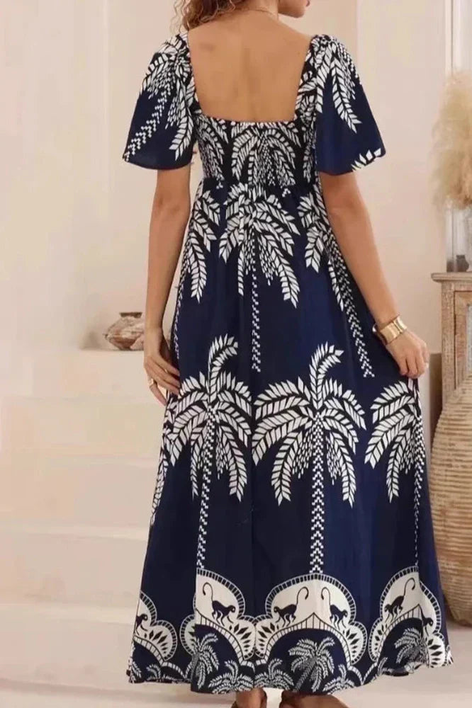 Square Collar Backless High Waist Pleated Printed Maxi Dress