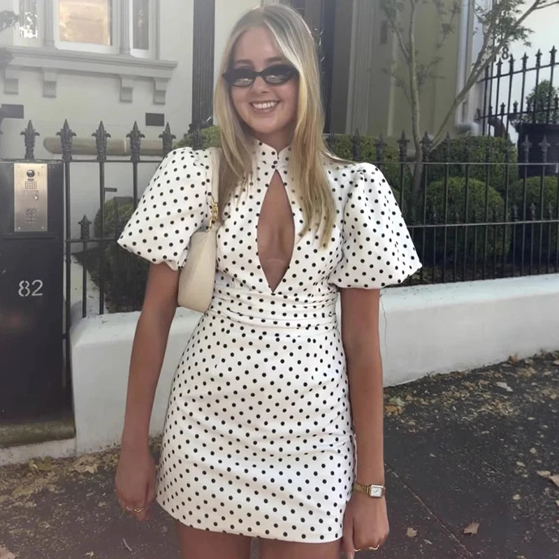 Glorol - Hollow Polka Dot Short Sleeve High Waist Mini Dress