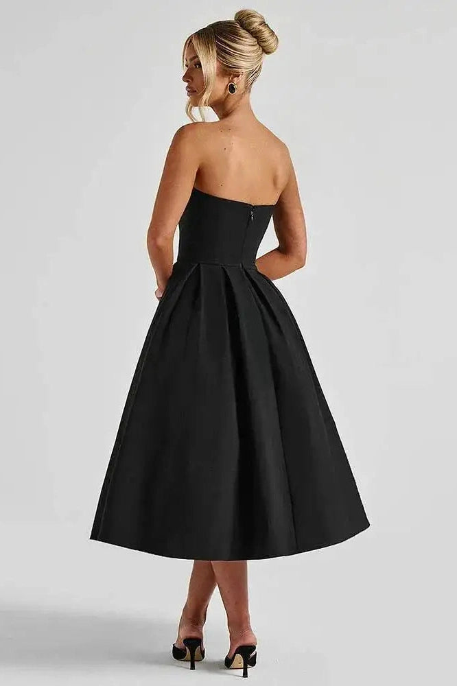 Glorol - Off-Shoulder Strapless Sleeveless Backless High Waist A-Line Midi Dress