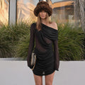 Glorol - One Shoulder Long Sleeve Slim  Mini Dress