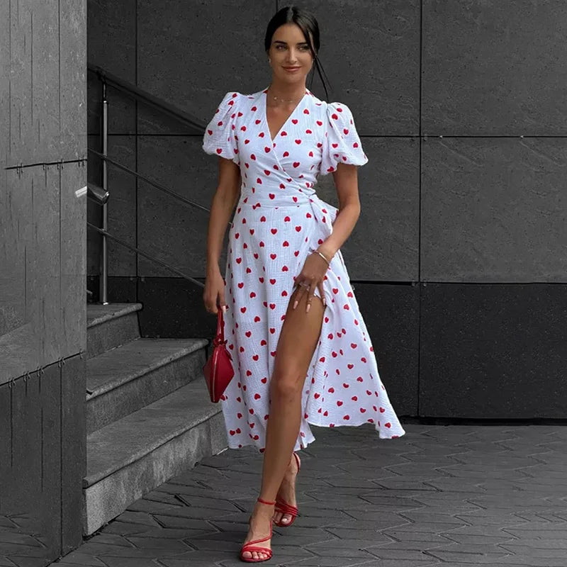 Glorol - Printed V Neck High Waist Lace Up Midi Dress