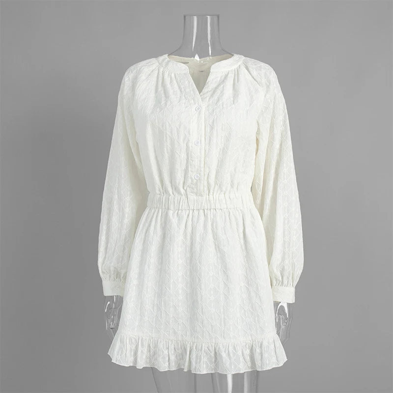 Glorol - O Neck Long Sleeve Pleated A-line Mini Dress