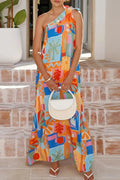 Glorol - Slash Collar One-Shoulder High Waist Pleated Loose A-Line Maxi Dress