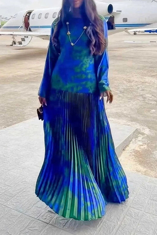 Glorol - Long Sleeve High Waist Printed O-Neck Maxi Dress