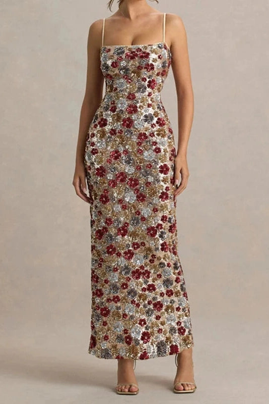 Glorol - Elegant Backless Sleeveless Floral Printed Maxi Dress