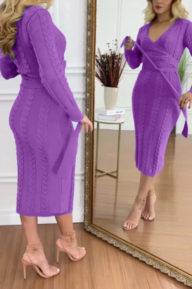 Glorol - Long Sleeve Slim High Waist V-Neck Midi Dress