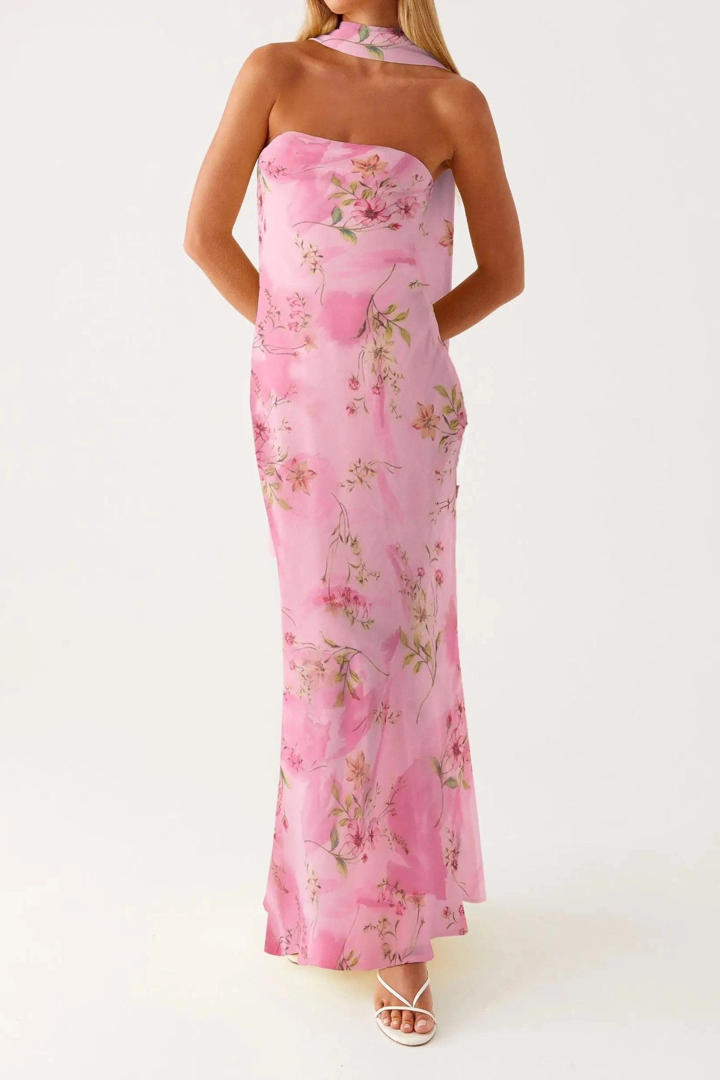 Glorol - Printed Strapless Backless Bodycon Slim Maxi Dress