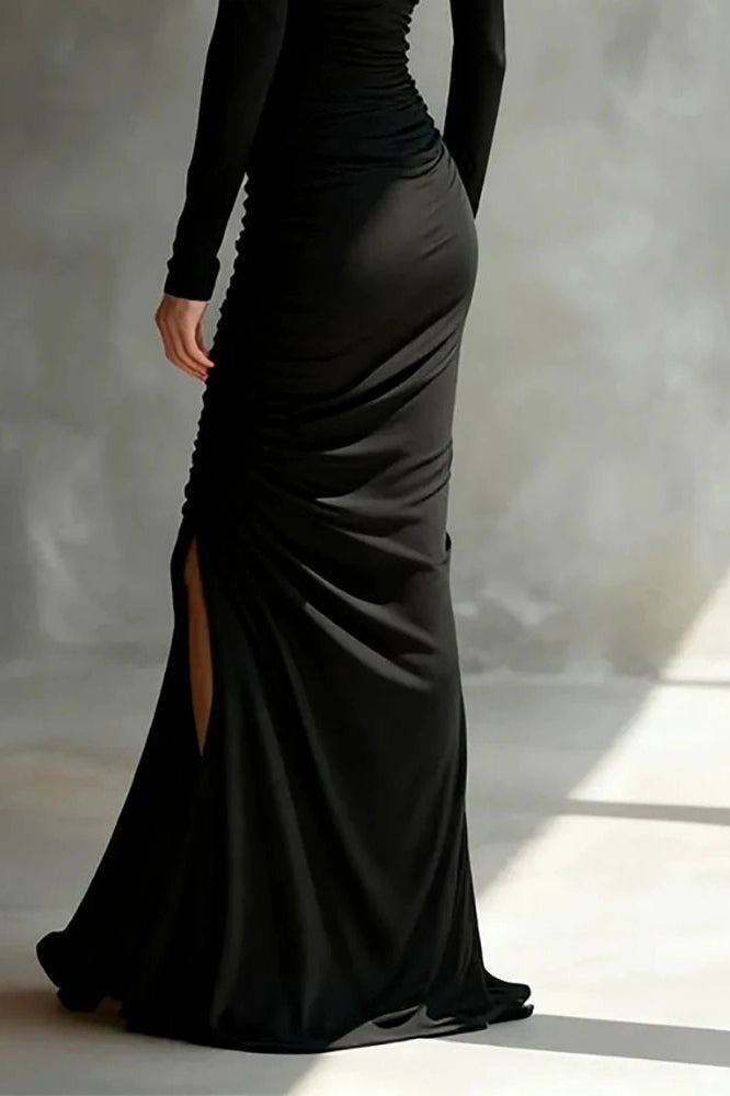 Glorol - Elegant High Waist Split Long Sleeve Slash Collar Maxi Dress