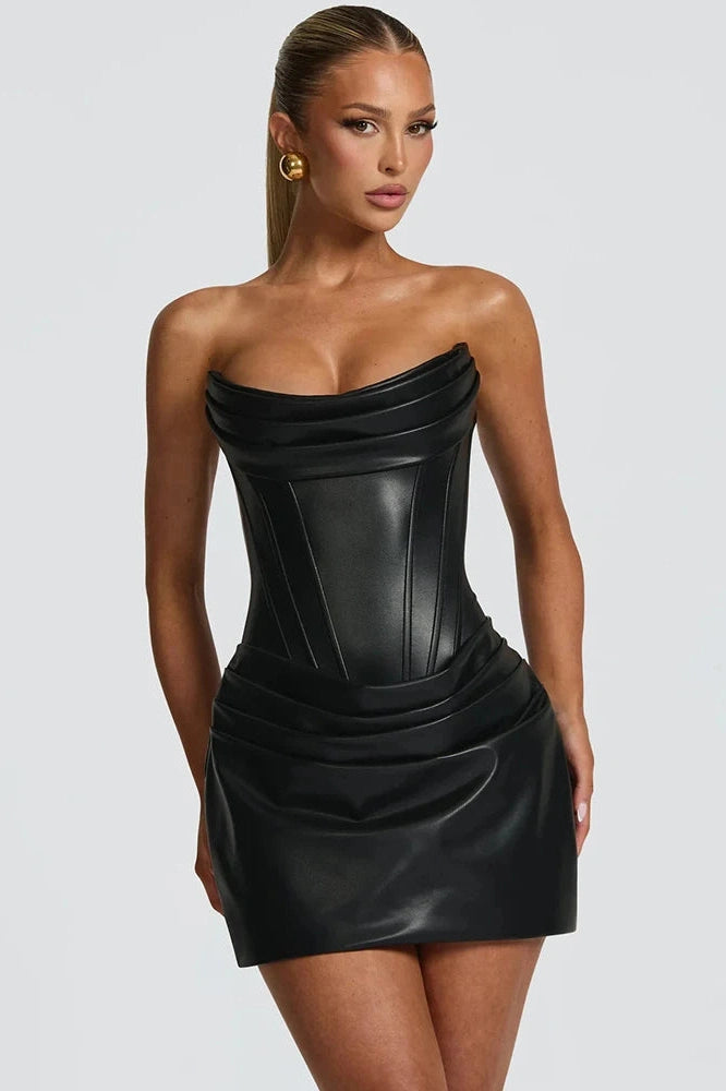 Glorol - PU Leather Off-Shoulder Strapless Sleeveless Lace-up Mini Dress