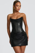 Glorol - PU Leather Off-Shoulder Strapless Sleeveless Lace-up Mini Dress