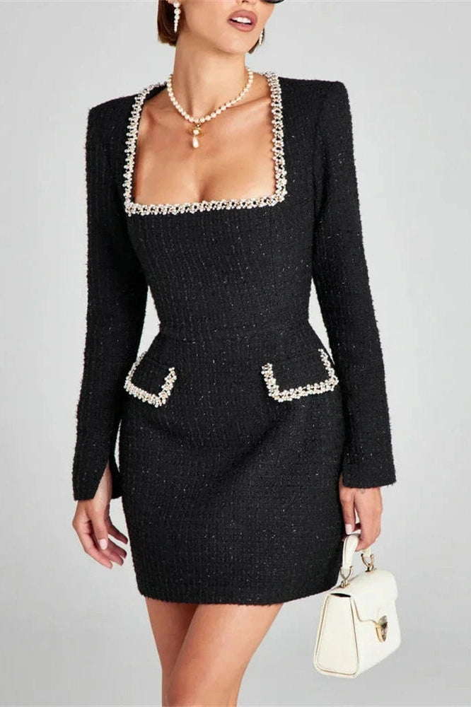 Glorol - Long Sleeve Square Collar Mini Dress