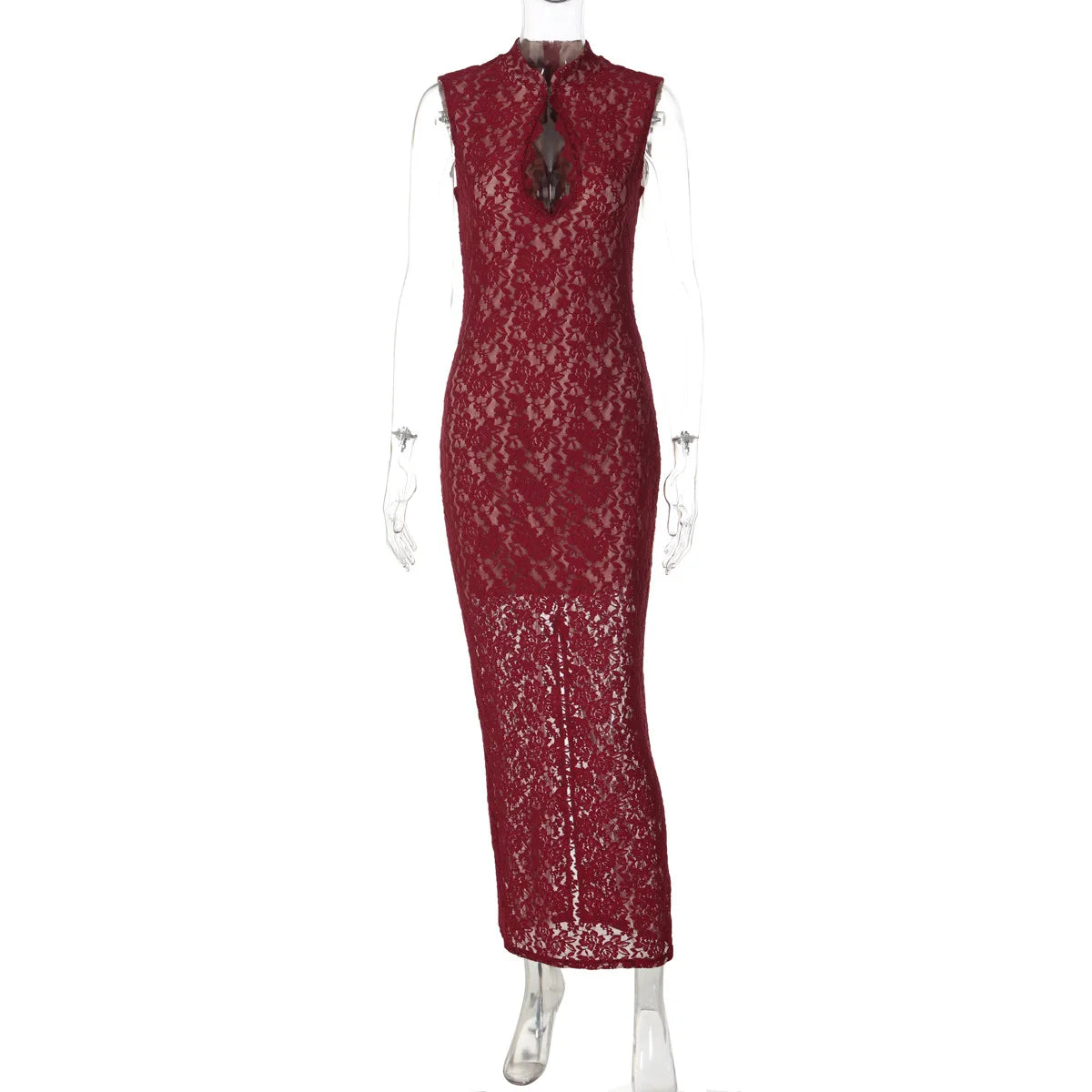 Glorol - Hollow Lace Sleeveless Slit High Waist Maxi Dress
