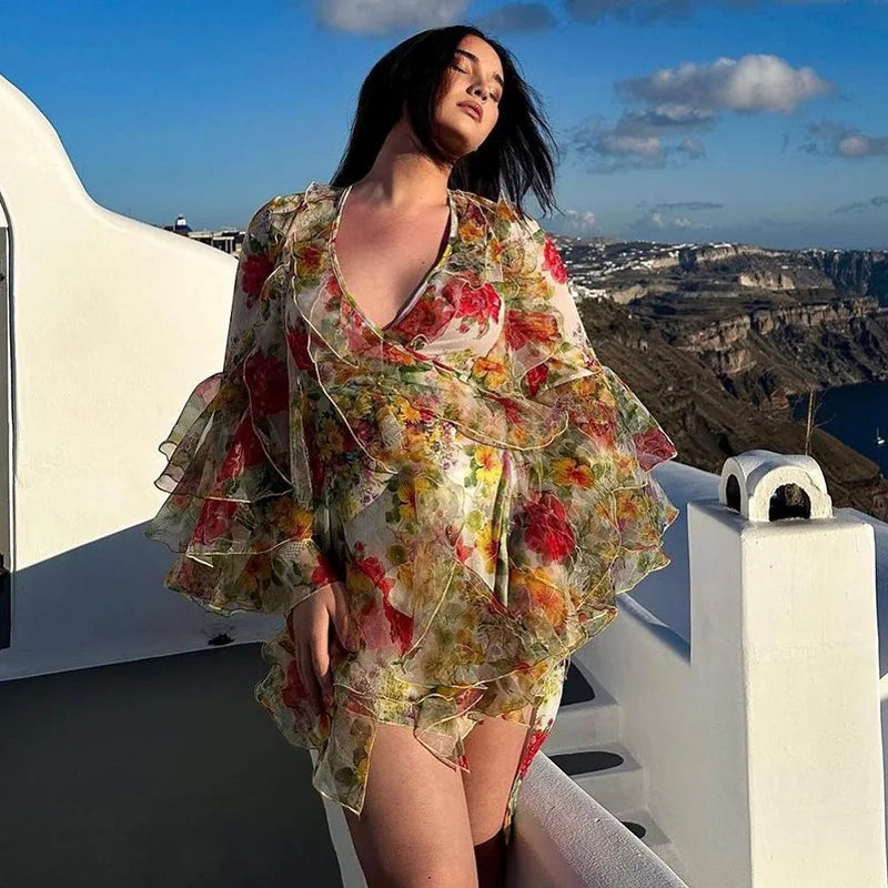 Glorol - Printed V Neck Slim High Waist Mini Dress