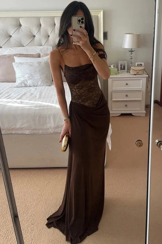 Glorol - Off-Shoulder Lace See Through Sleeveless Backless Maxi Dress