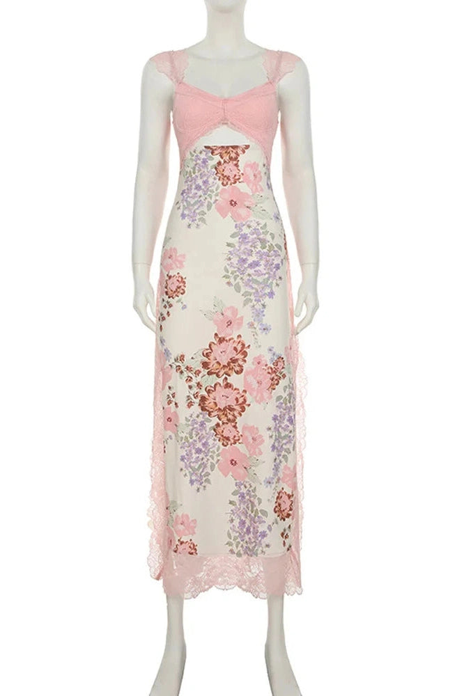 Glorol - Hollow Out Printed Lace Patchwork Slim Maxi Dress
