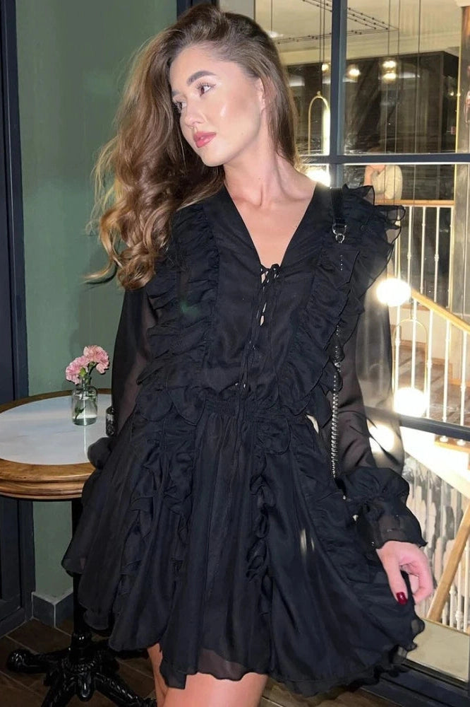 Glorol - Elegant Lace Deep V Neck Mini Dress