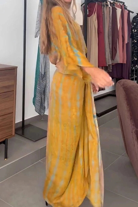 Glorol - Sleeves Loose Printed Tie-Up V-Neck High Waist Pleated Maxi Dress
