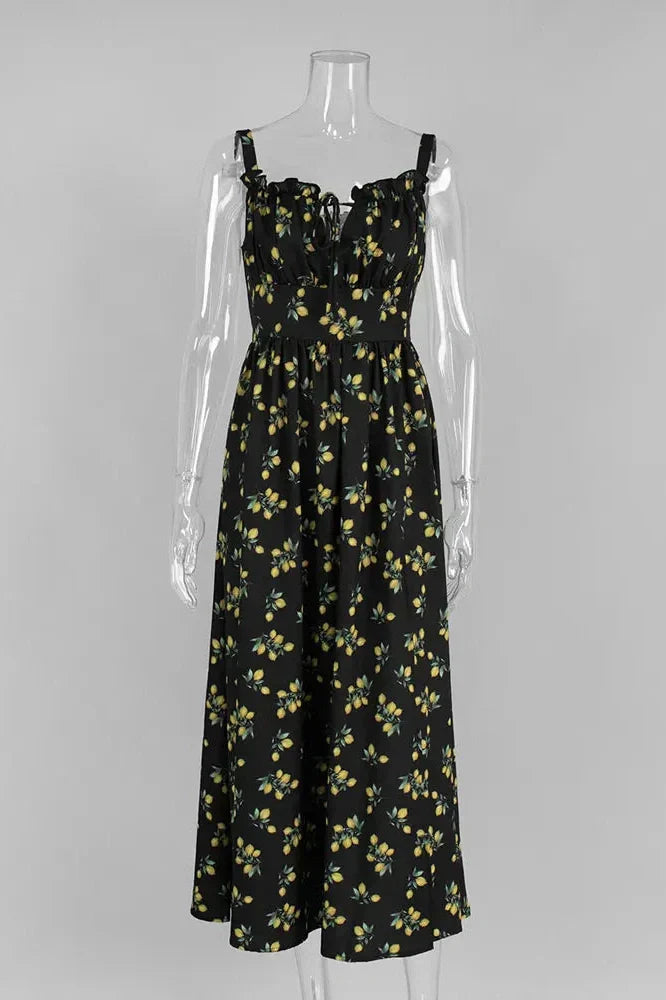 V-Neck Printed Lace-Up Sleeveless Bodycon Maxi Dress