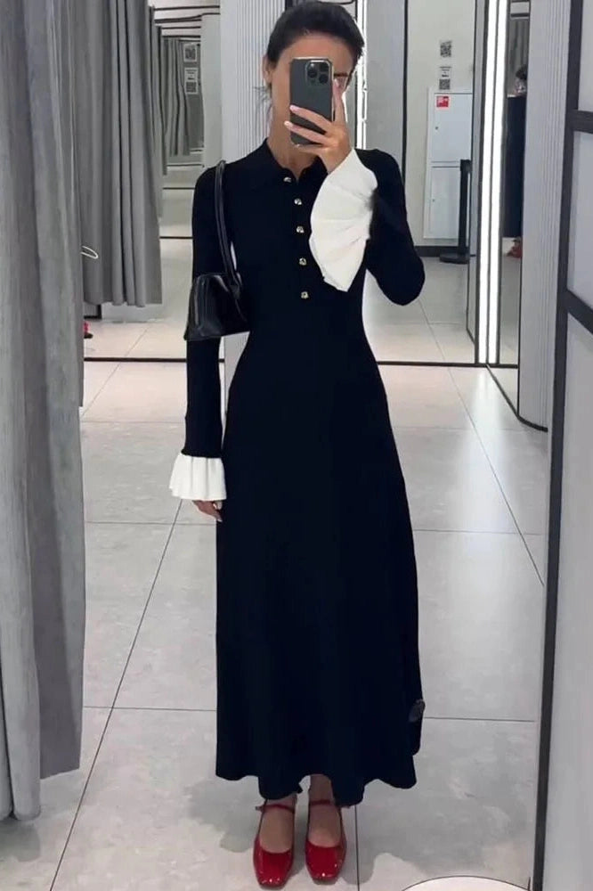 Glorol - Elegant Flare Sleeve Knitted High Waist Button Maxi Dress