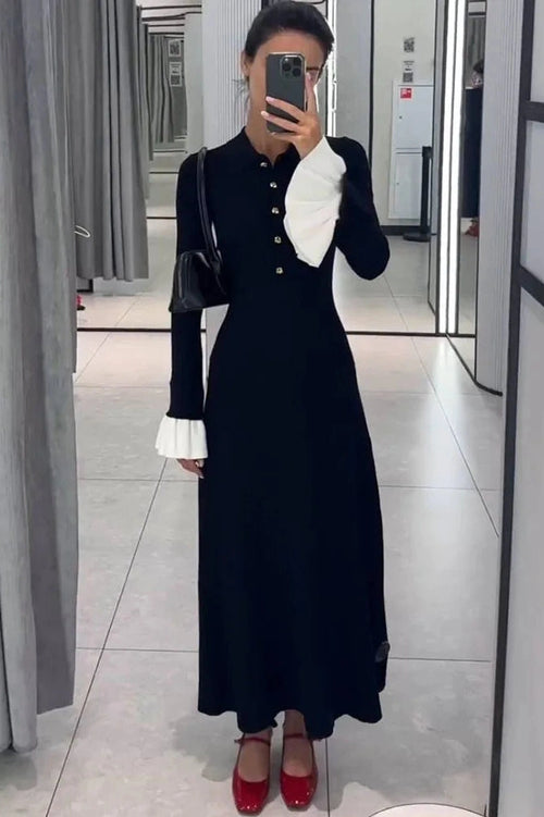Glorol - Elegant Flare Sleeve Knitted High Waist Button Maxi Dress