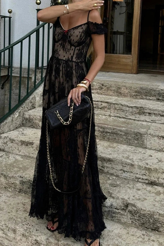 Glorol - Slash Collar High Waist Pleated Lace Maxi Dress
