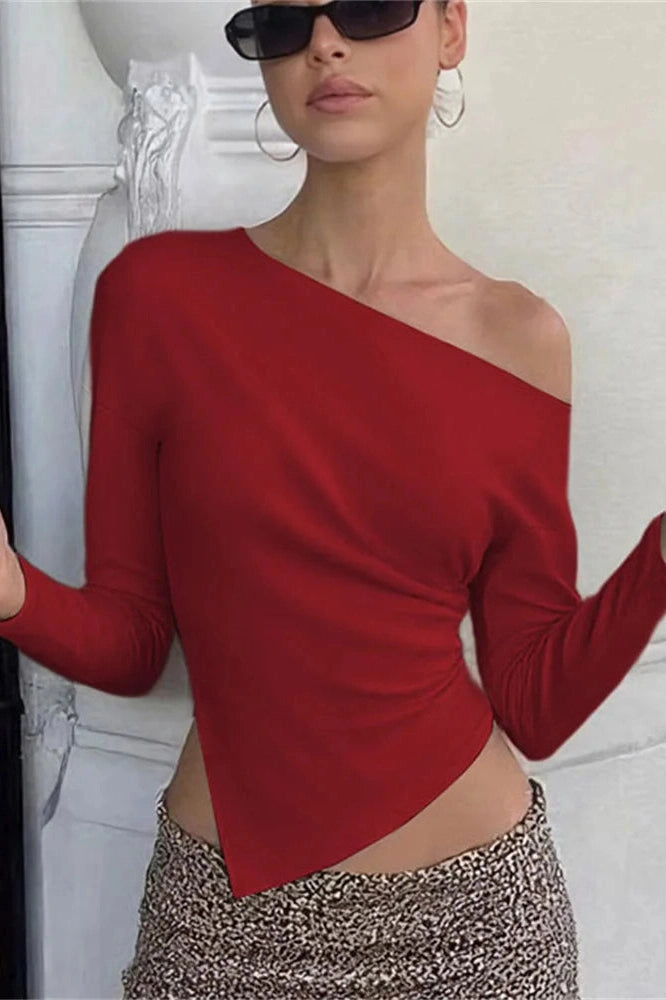 Glorol - One-Shoulder Long Sleeve Patchwork Top