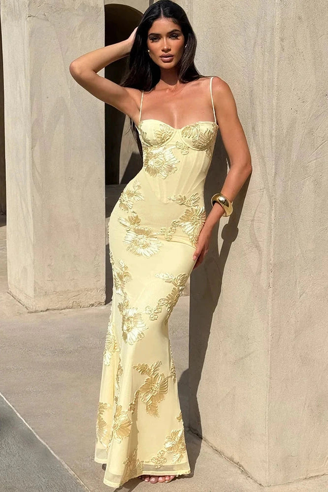 Glorol - Spaghetti Strap Printed Sleeveless Backless Bodycon Maxi Dress