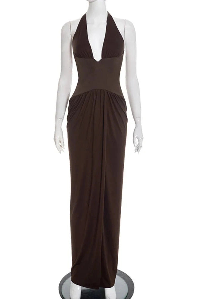 Glorol - Deep V Neck Backless Sleeveless High Waist Pleated Maxi Dress