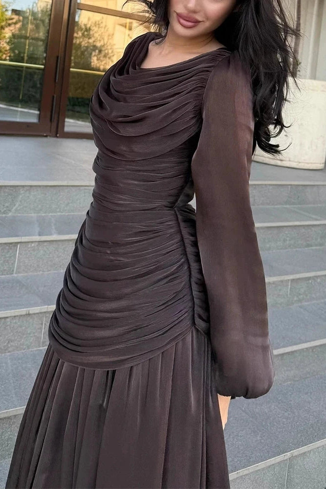 Glorol - Long Sleeve O-Neck High Waist Pleated Maxi Dress