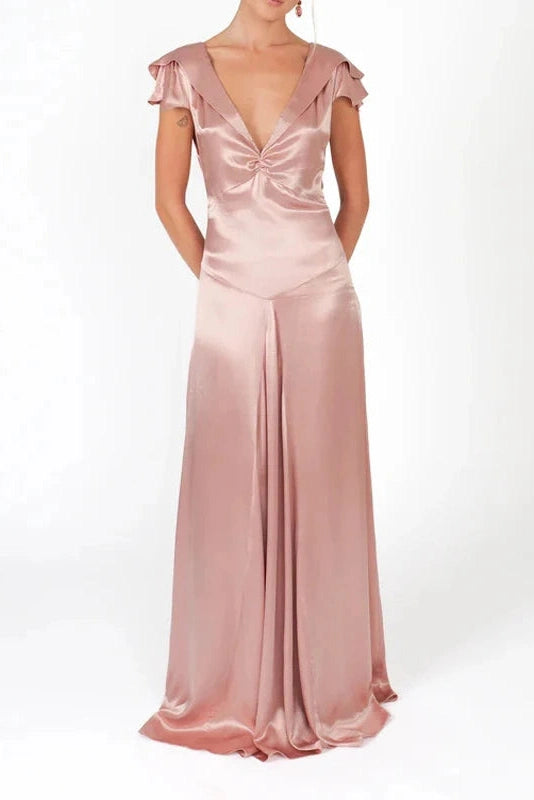 Glorol - Elegant Slim Sleeveless Lace-Up V-Neck Backless Maxi Dress