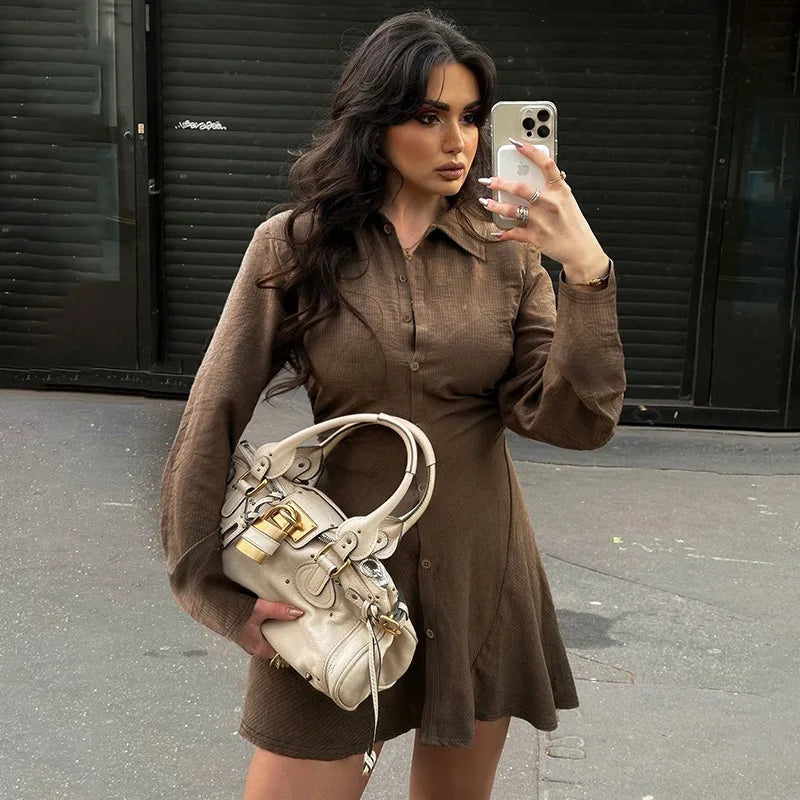 Glorol - Low Waist Long-Sleeved A-Line Mini Dress