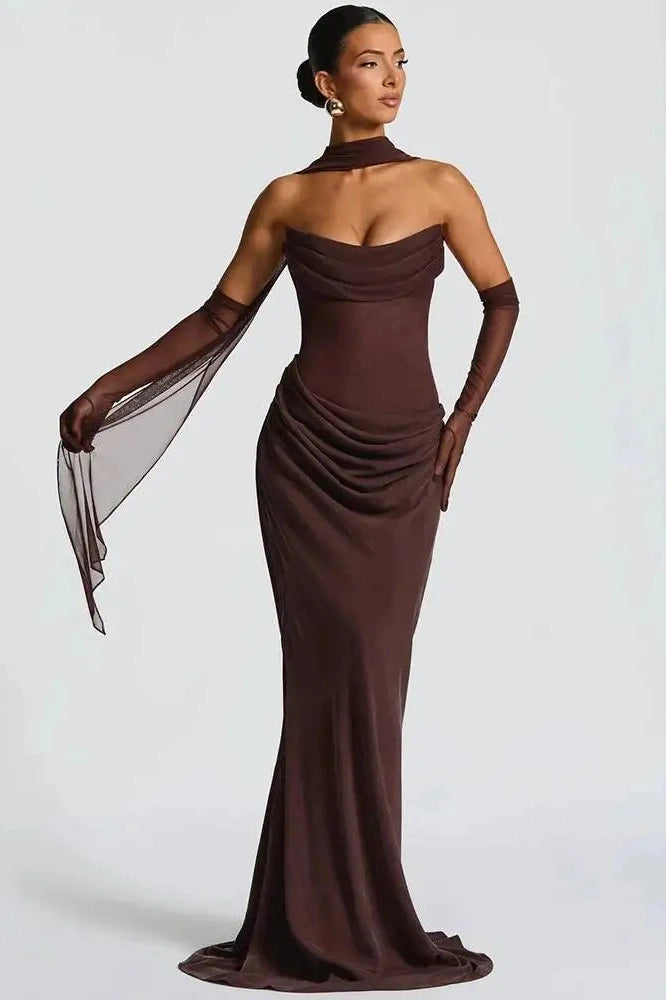 Glorol - Off-Shoulder Scarf Collar Strapless Sleeveless Bodycon Maxi Dress