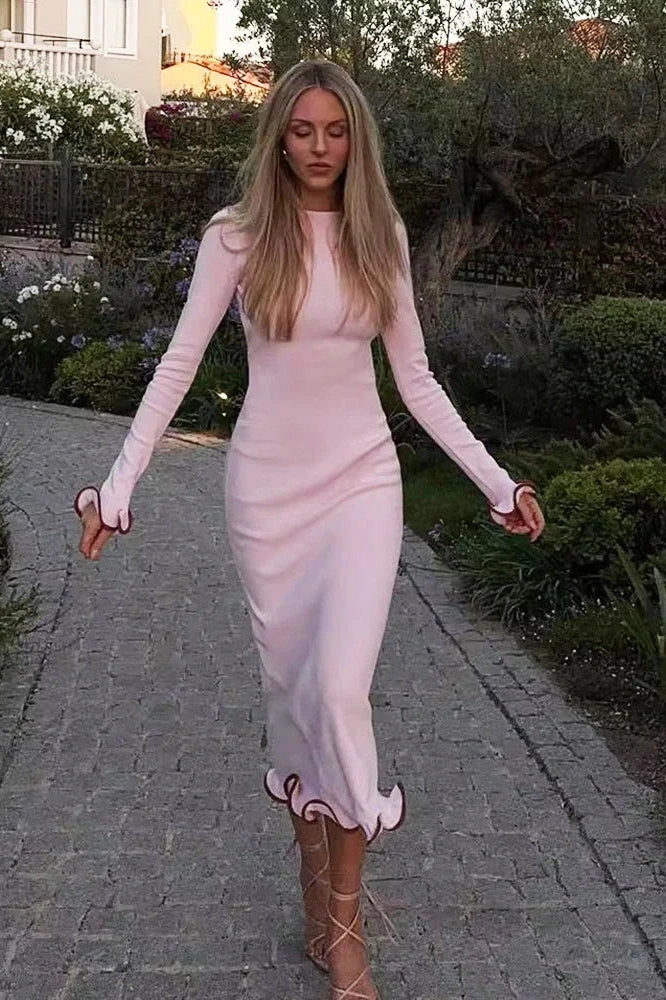 Glorol - Backless Knitted Flare Sleeve Bodycon Midi Dress