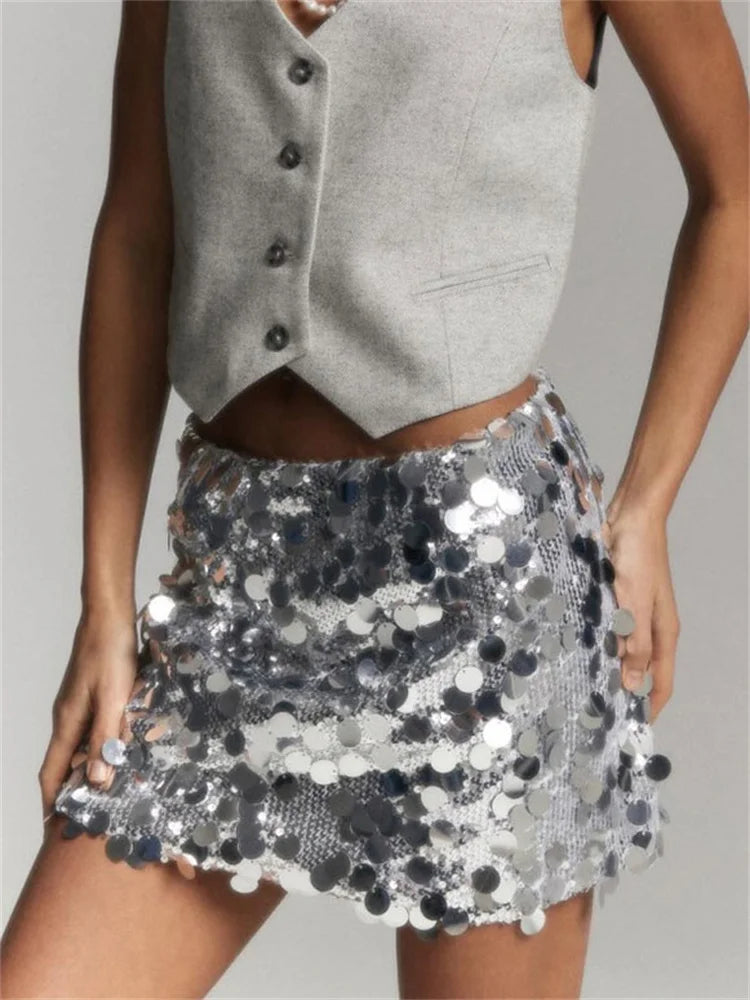 Glorol - High Waist Sequin Patchwork Skirt