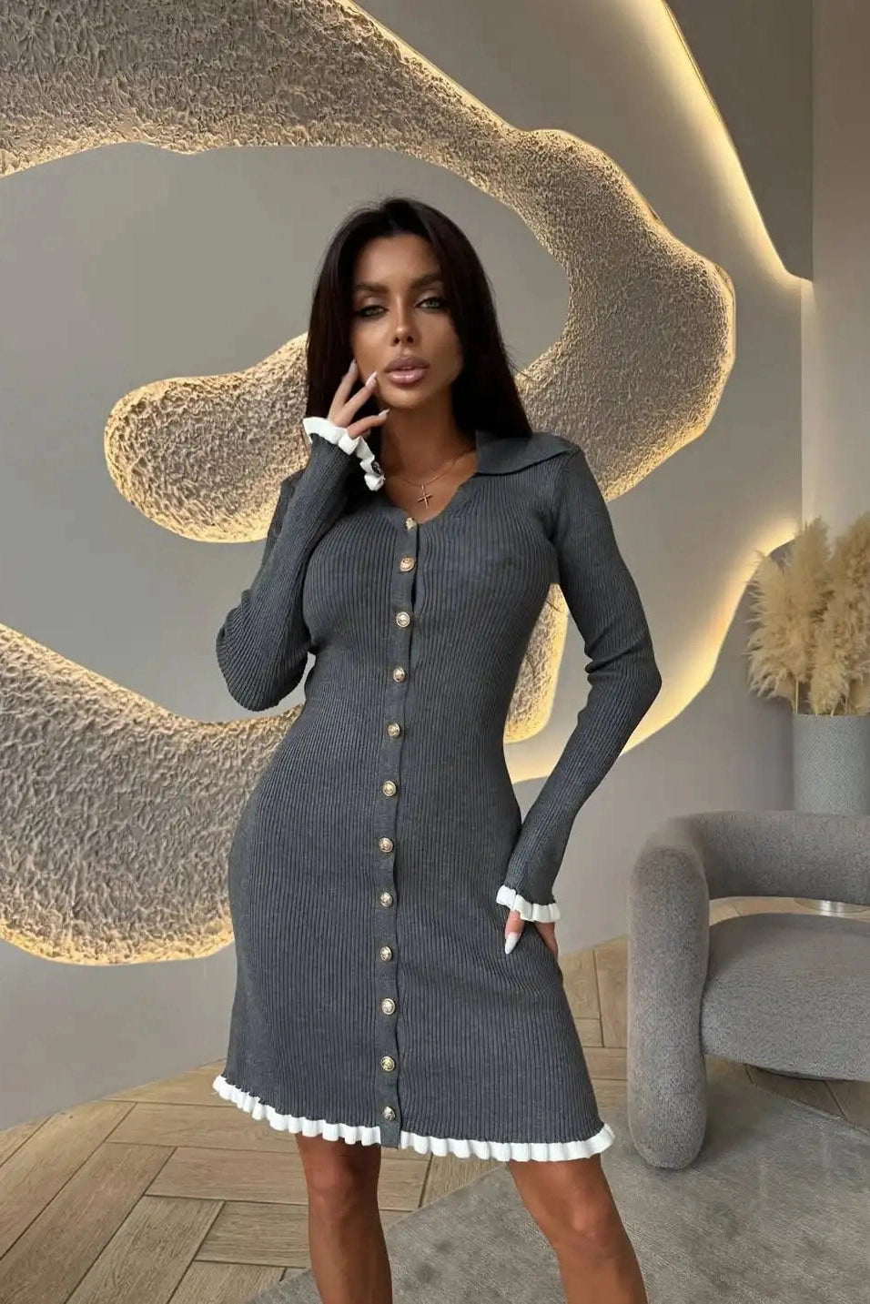 Glorol - Elegant Knitted Long Sleeve Single-Breasted Bodycon Mini Dress