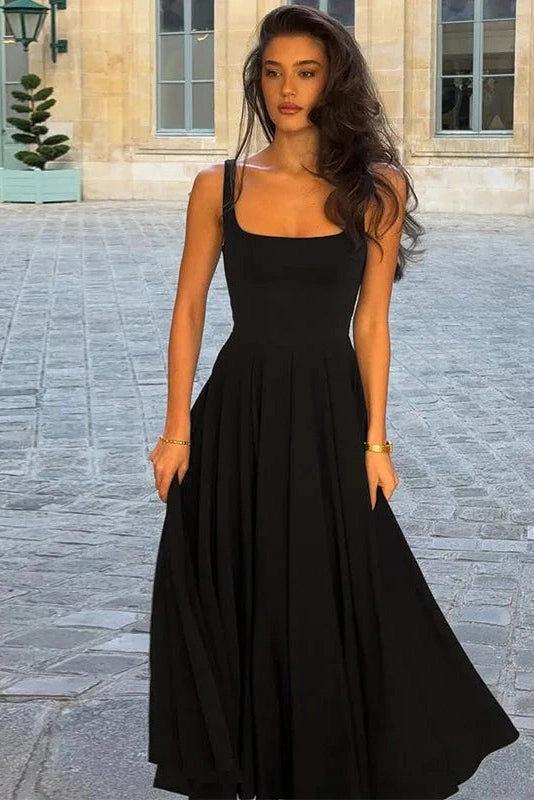 Glorol - Elegant Square Collar Sleeveless High Waist Pleated Maxi Dress