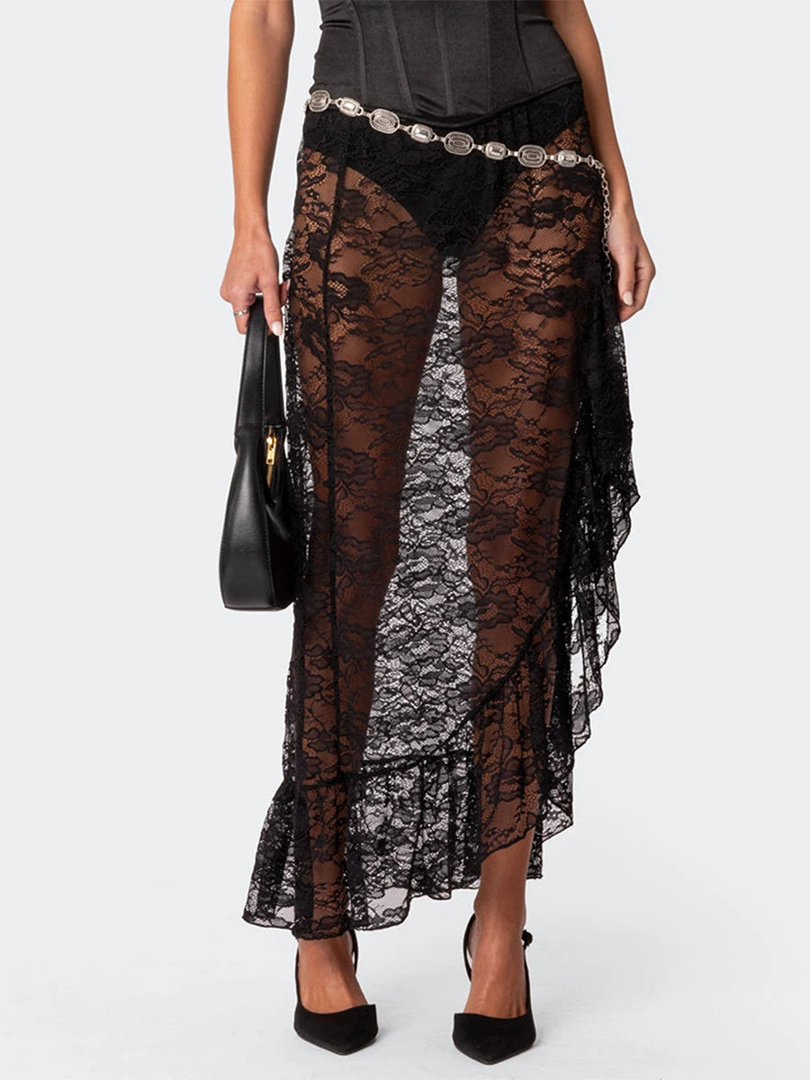 Glorol - High Waist See Through Lace Skirt