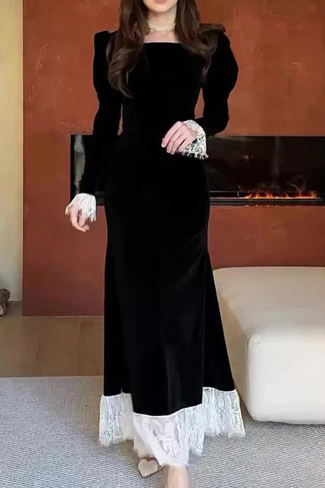 Glorol - Elegant Long Sleeve High Waist Lace Maxi Dress