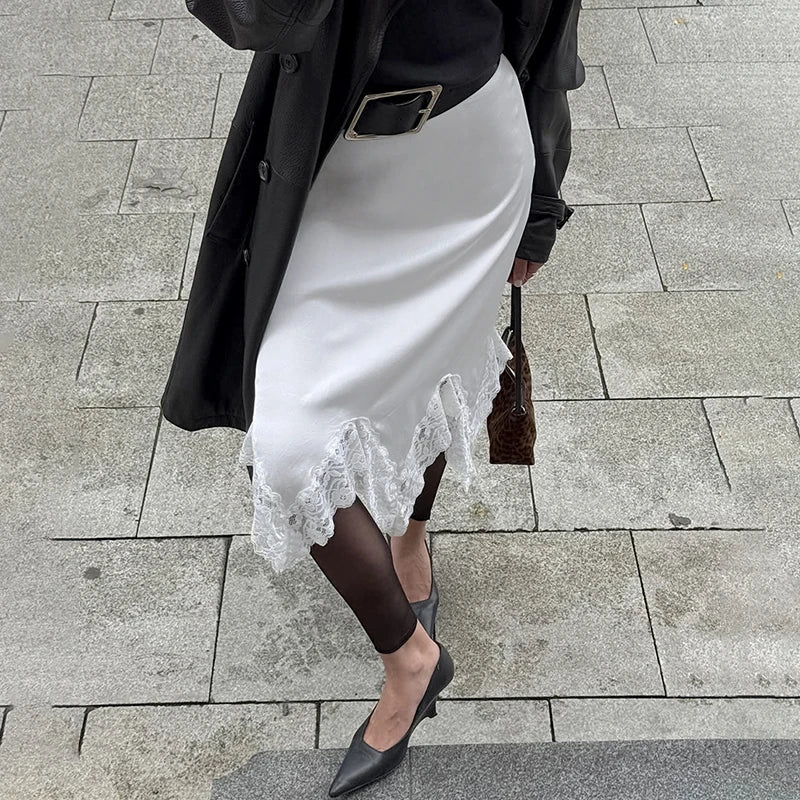 Glorol - High Waist Irregular Lace Splice Skirt