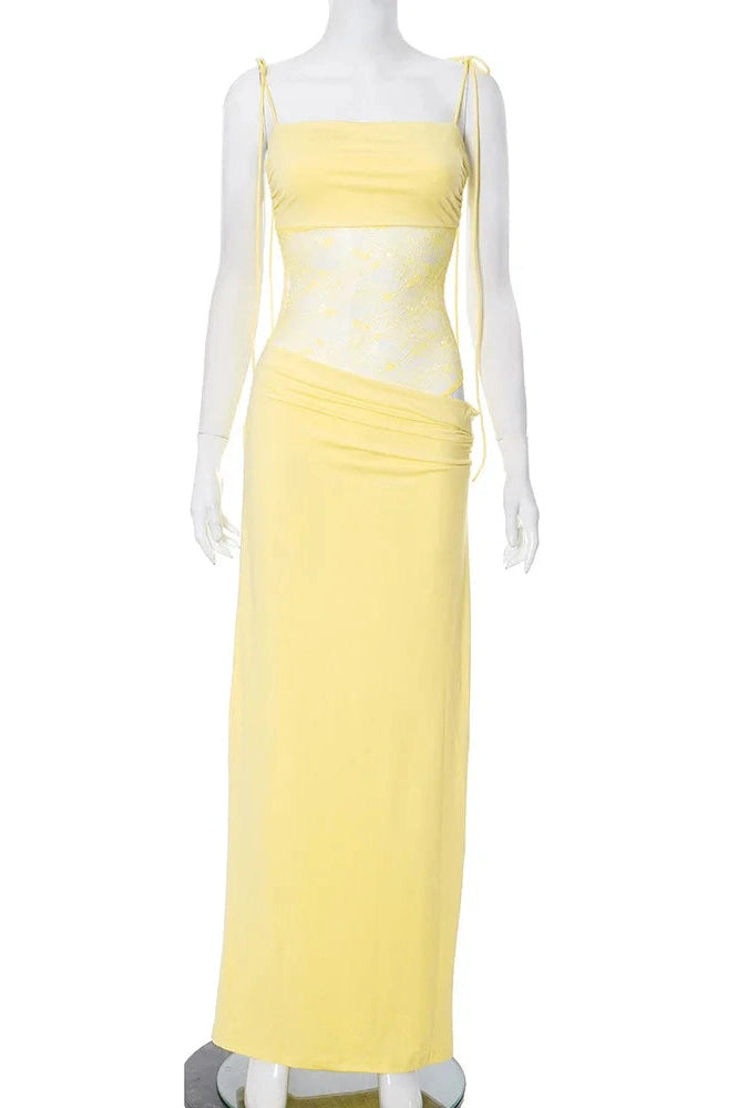 Glorol - Hollow Out Lace Spaghetti Strap Lace Up Waist Slim Sleeveless Maxi Dress