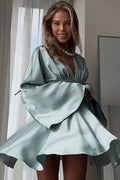 Glorol - Elegant Long Sleeve Deep V Neck High Waist Mini Dress