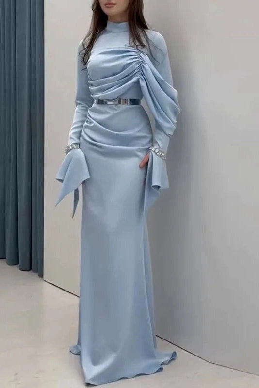 Glorol - Pleated Slim Long Sleeve High Waist Irregular Maxi Dress