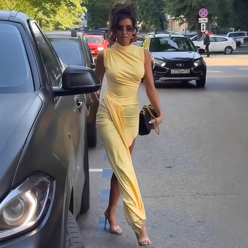 Glorol - Pleated Sleeveless High Slit Maxi Dress