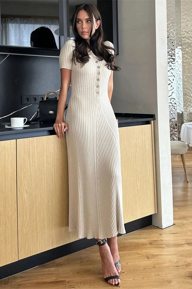 Glorol - Deep V Neck Slim Short Sleeve Knitted Bodycon Maxi Dress