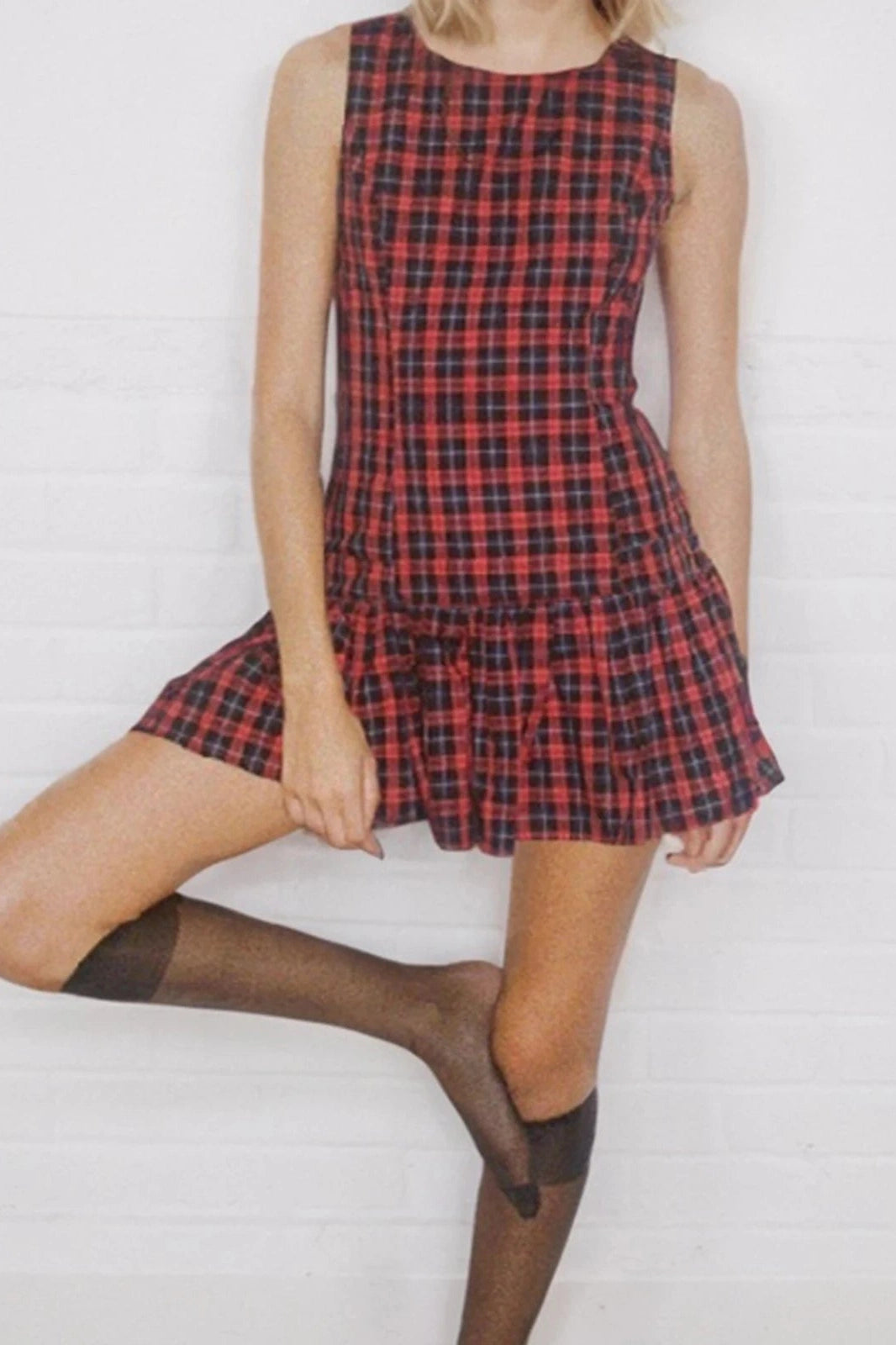 Glorol - Plaid Printed Round Neck Sleeveless Mini Dress