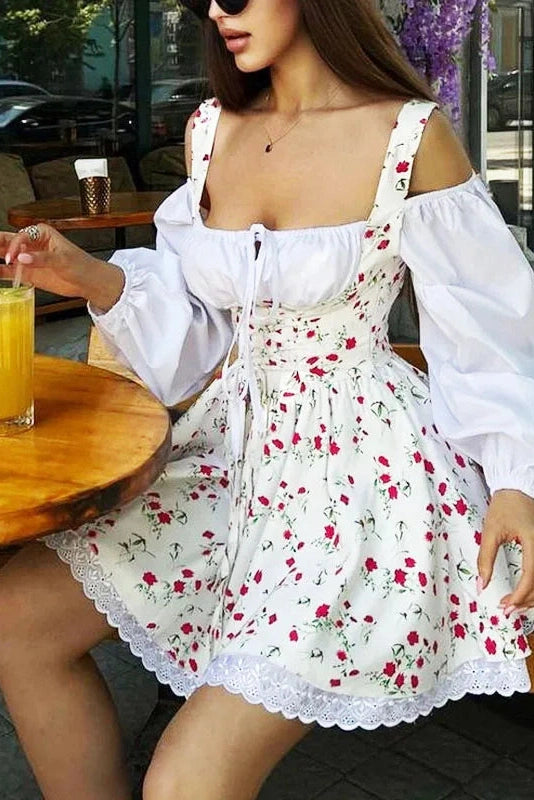 Glorol - Puff Sleeve Two Piece Strapless Lace Up Mini Dress