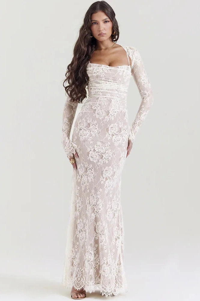 Glorol - Elegant Lace Print Spaghetti Strap Long Sleeve Maxi Dress